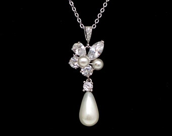 bridal jewelry wedding pearl necklace white or light cream shell teardrop necklace with silver chain cubic zirconia multishape cluster deco
