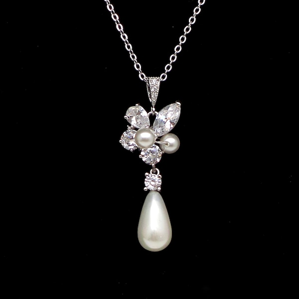 bridal jewelry wedding pearl necklace white or light cream shell teardrop necklace with silver chain cubic zirconia multishape cluster deco