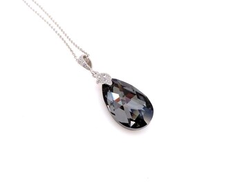 silver night vintage teardrop crystal pendant with sterling silver chain necklace bridesmaid gift prom christmas necklace