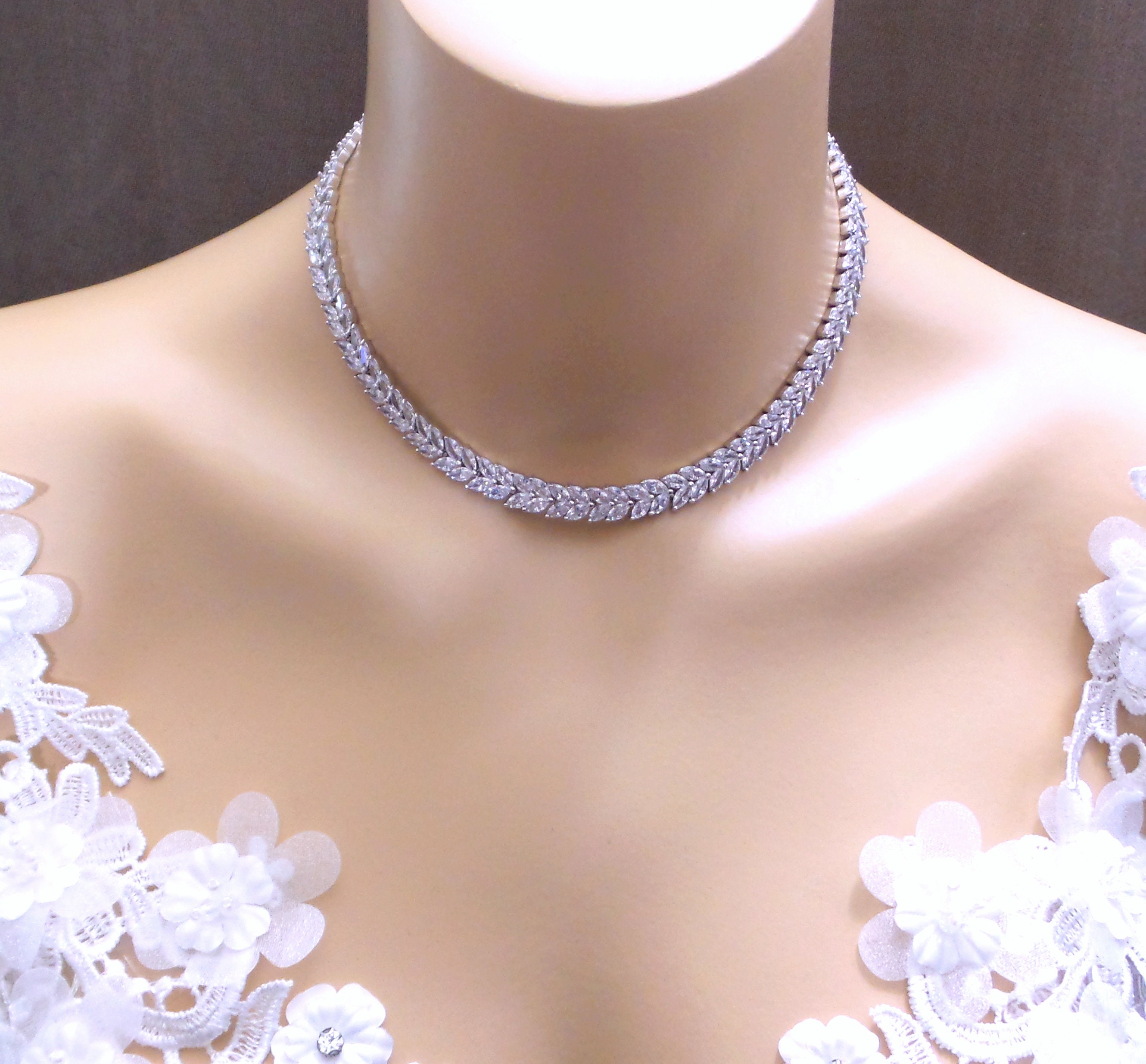 Bridal Wedding Jewelry Necklace Prom Party AAA Clear White Cubic Zirconia  Luxury White Gold Rhodium Marquise Collar Choker Tennis Necklace 