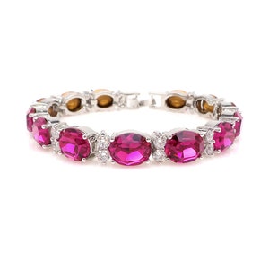 wedding jewelry bridal bracelet bridesmaid gift party christmas pageant oval rhodium silver fancy hot pink fuchsia crystal statement