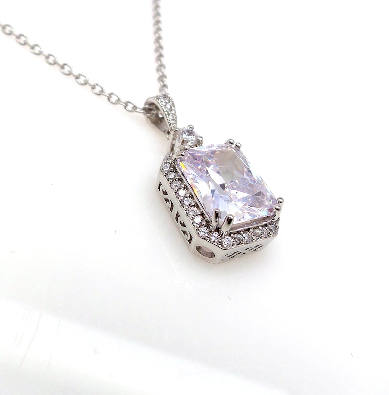 Bridal wedding jewelry bridesmaid gift prom party AAA cubic zirconia cz clear white vintage rectangle emerald cut rhodium silver necklace