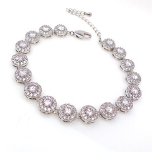 bridal bracelet wedding jewelry prom party gift christmas bridesmaid rhodium white gold halo pave Clear white round cubic zirconia bracelet