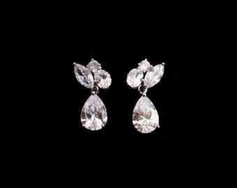 wedding bridal jewelry bridesmaid gift prom party christmas pageant three cubic zirconia post stud teardrop multistone rhodium earrings