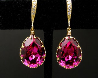 bridal bridesmaid party wedding gift vintabe fuchsia hot pink magenta teardrop foiled rhinestone with gold cubic zirconia hook earrings