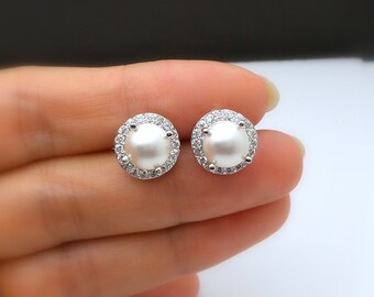 Sale 4 5 6 7 8 9 10 pairs of bridesmaid earrings half round pearl stud earrings post white cream cabochon crystal pearl halo cubic zirconia