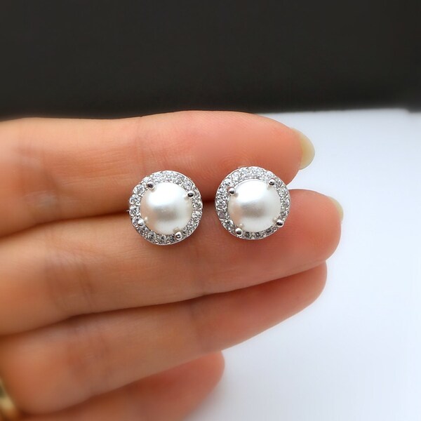 Sale 4 5 6 7 8 9 10 pairs of bridesmaid earrings half round pearl stud earrings post white cream cabochon crystal pearl halo cubic zirconia