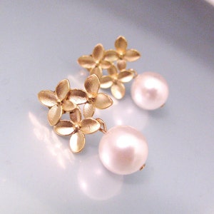 fancy white round pearl with gold flower post earrings- Free US shipping