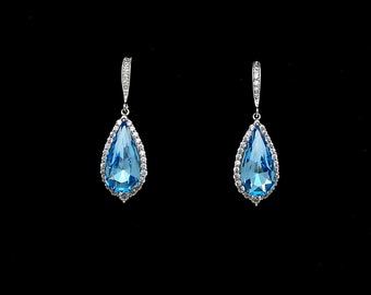 wedding jewelry bridal bridesmaid gift prom party halo Clear white teardrop AAA cubic zirconia aqua aquamarine blue crystal hook earrings