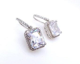 wedding jewelry bridal earrings prom AAA quality cubic zirconia halo emerald cut rectangle drop cubic zirconia hook rhodium silver hook