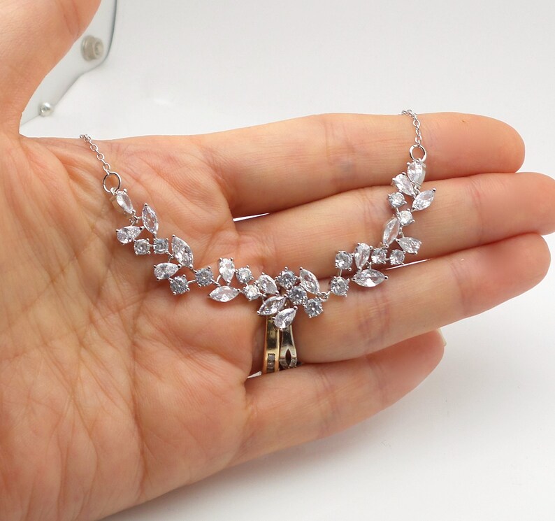 wedding jewelry bridal necklace prom party bridesmaid rhodium silver vine cubic zirconia necklace clear white marquise collar dainty choker