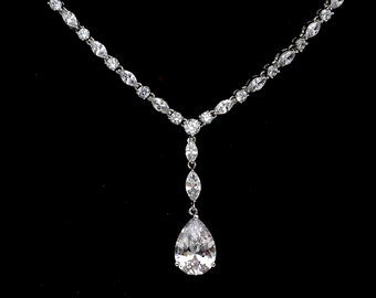 bridal necklace wedding jewelry bridesmaid prom party necklace 4mm round marquise rhodium silver plated AAA cubic zirconia collar choker