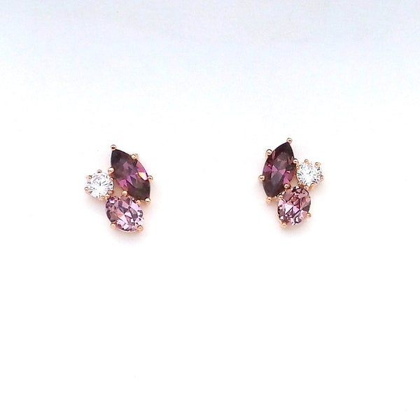 Bridesmaid bridal party wedding prom stud purple amethyst antique pink rhinestones multi color multi shape post earrings rose gold setting