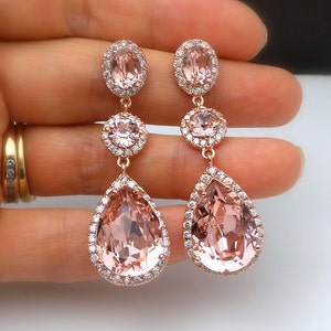 wedding jewelry bridal earrings bridesmaid gift teardrop fancy vintage rose blush pink crystal rhinestone oval cz post rose gold frame image 4