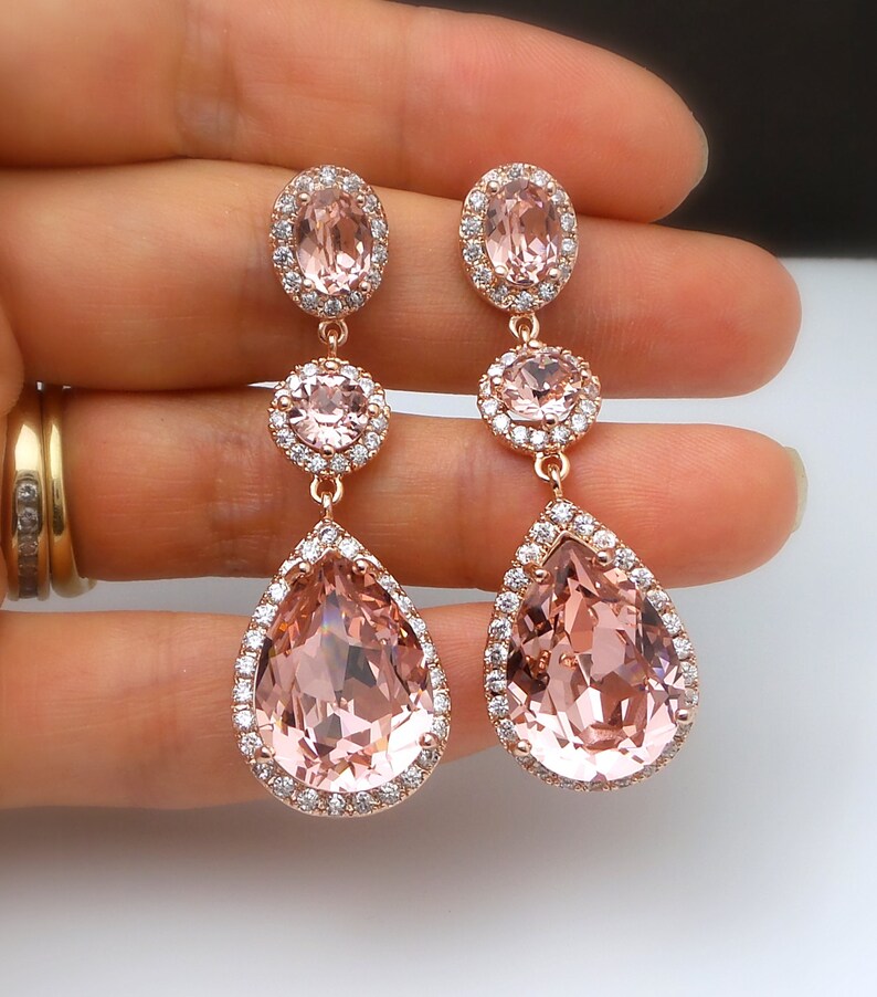 wedding jewelry bridal earrings bridesmaid gift teardrop fancy vintage rose blush pink crystal rhinestone oval cz post rose gold frame image 4