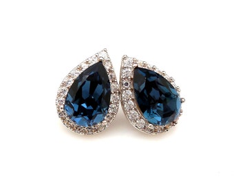 bridal wedding christmas prom jewelry fancy montana blue teardrop crystal rhinestone rhodium silver stud earrings clear cubic setting