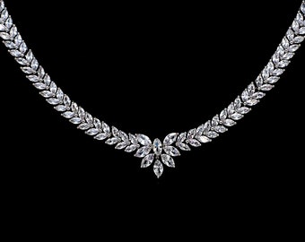 Bridal wedding jewelry necklace prom party AAA clear white cubic zirconia luxury white gold rhodium marquise collar choker tennis necklace