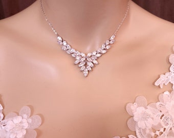 wedding jewelry bridal necklace prom party bridesmaid rhodium silver chain cubic zirconia necklace clear white marquise round cz collar