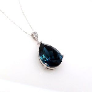 Montana navy sapphire blue vintage teardrop fancy rhinestone drop sterling silver chain pendant bridesmaid gift bridal necklace