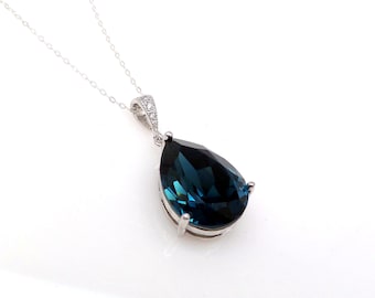 Montana navy sapphire blue vintage teardrop fancy rhinestone drop sterling silver chain pendant bridesmaid gift bridal necklace