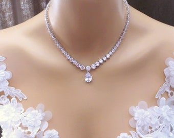 bridal necklace wedding jewelry party necklace 7mm -3mm gradation round rhodium silver plated AAA cubic zirconia collar necklace choker