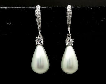 STERLING SILVER hook Bridal jewelry wedding jewelry bridal earrings cubic zirconia hook white cream teardrop shell pearl earrings bridesmaid