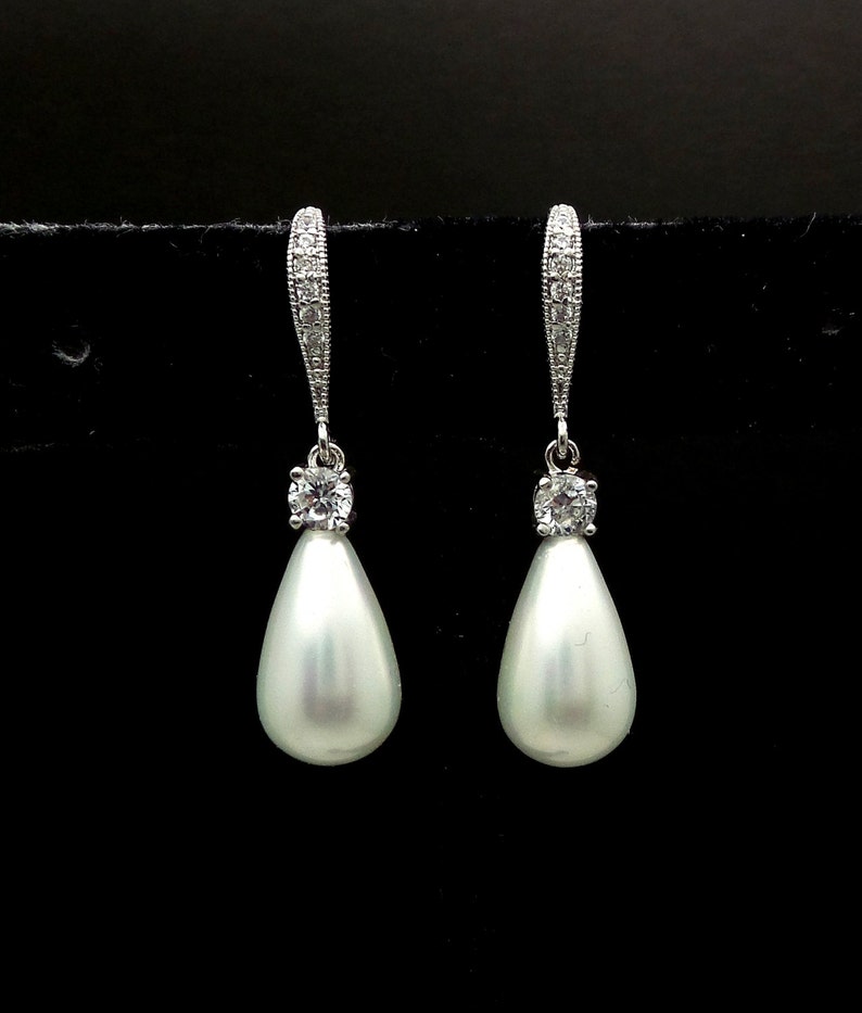 STERLING SILVER hook Bridal jewelry wedding jewelry bridal earrings cubic zirconia hook white cream teardrop shell pearl earrings bridesmaid Silver earrings