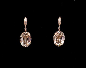 bridesmaid gift prom fancy vintage rose blush pink oval foiled crystal rhinestone drop with cubic zirconia pink rose gold hook earrings