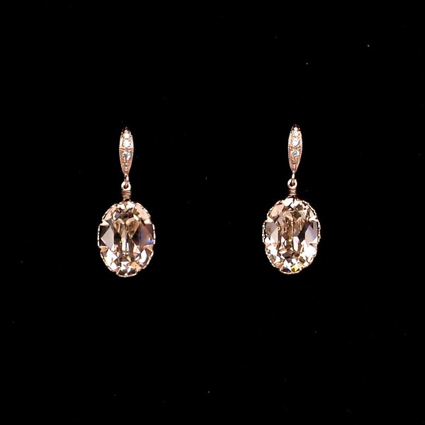 bridesmaid gift prom fancy vintage rose blush pink oval foiled crystal rhinestone drop with cubic zirconia pink rose gold hook earrings