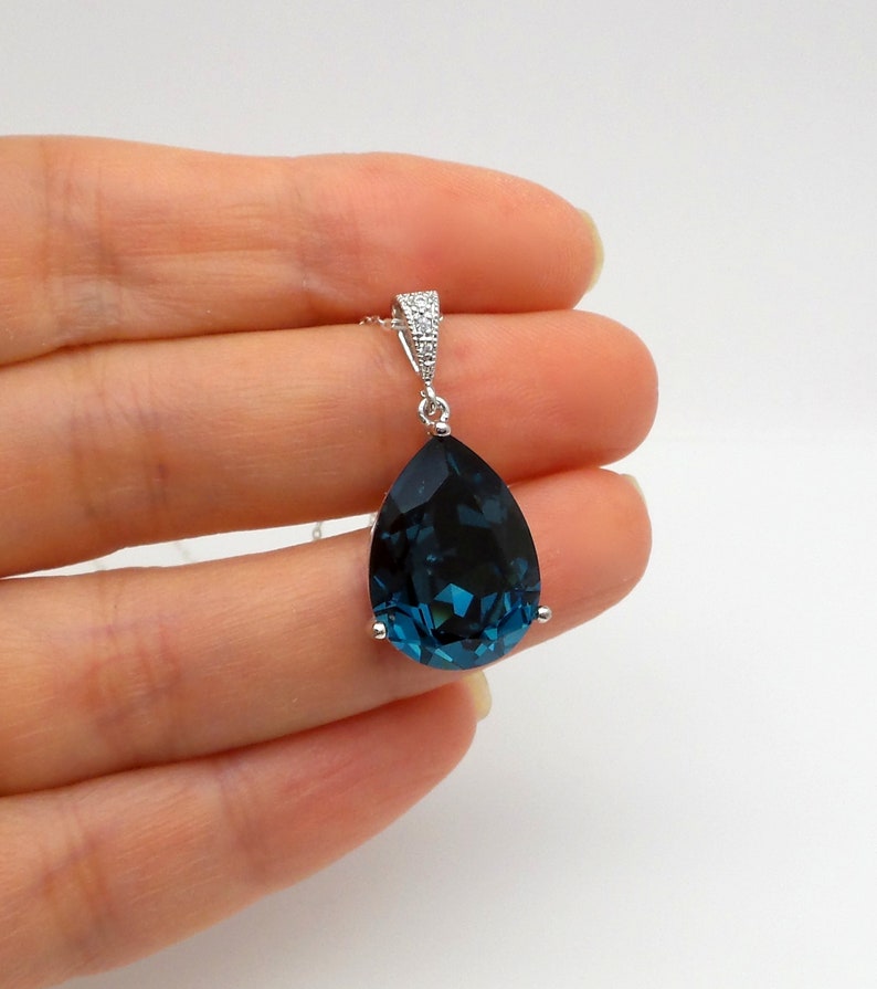 Montana navy sapphire blue vintage teardrop fancy rhinestone drop sterling silver chain pendant bridesmaid gift bridal necklace image 6