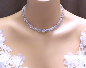 bridal necklace wedding jewelry prom pageant party clear white marquise cubic zirconia flower choker silver rhodium statement necklace