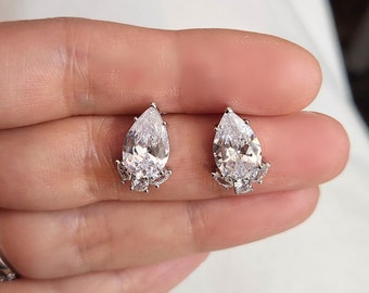 bridal bridesmaid Jewelry wedding prom christmas party gift teardrop shape cubic zirconia luxury post white gold earrings rhodium post studs