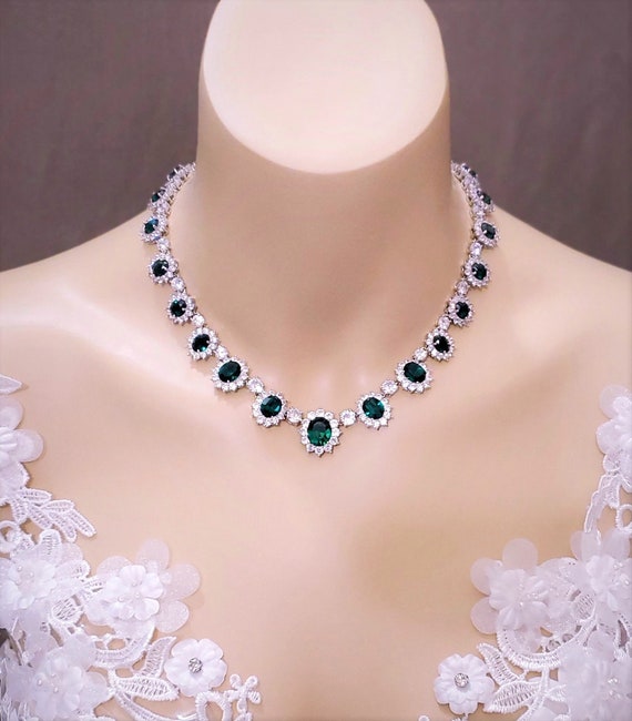 Wedding Jewelry Prom Bridal Necklace Gift Pageant Clear White Cubic  Zirconia Choker Collar Rhodium Silver Emerald Green Crystal Rhinestone 