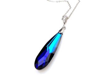 bermuda blue long teardrop pendant crystal silver necklace bridal bridesmaid gift wedding jewelry christmas raindrop pendant