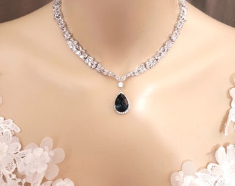 wedding jewelry prom bridal necklace pageant clear white multi shape cubic zirconia statement rhodium emerald green fancy teardrop