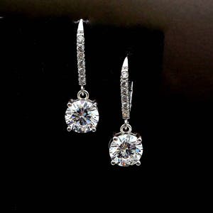 Sterling silver bridal wedding jewelry bridesmaid gift prom Cubic zirconia 8mm round solitaire drop AAA cubic deco leverback hook earrings