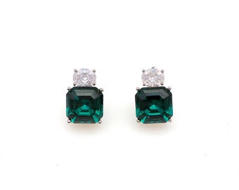 christmas prom bridal wedding bridesmaid fancy emerald green square crystal asscher cut foiled crystal rhinestone silver stud earrings