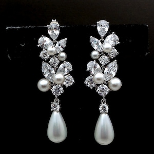 bridal earrings wedding jewelry platinum shell pearl earrings Clear white teardrop cubic zirconia cz post white cream pearl crystal cluster