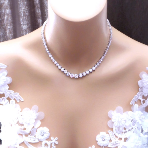 bridal necklace wedding jewelry party necklace 7mm -3mm gradation round rhodium silver plated AAA cubic zirconia collar necklace choker