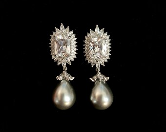 wedding bridal jewelry teardrop pear shell gray pearl earrings with cubic zirconia deco rhodium silver princess cut rectangle clip on post