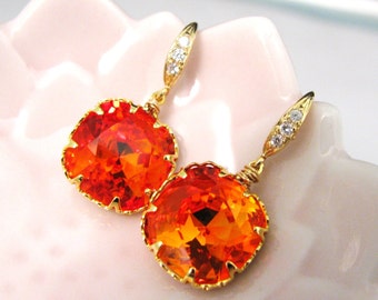 cubic zirconia gold plated sterling silver hook earrings with fancy vintage fire opal orange square drop crystal rhinestone