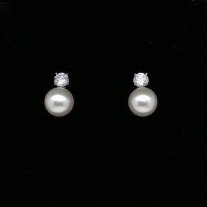Bridal Earrings Bridesmaid Gift Wedding Jewelry Fancy Round 12mm White or Cream Pearl on Cubic ...
