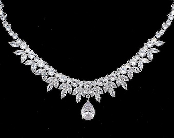 bridal necklace wedding jewelry prom pageant party clear white marquise cubic zirconia round collar silver rhodiurm statement necklace