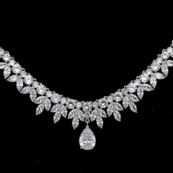bridal necklace wedding jewelry prom pageant party clear white marquise cubic zirconia round collar silver rhodiurm statement necklace