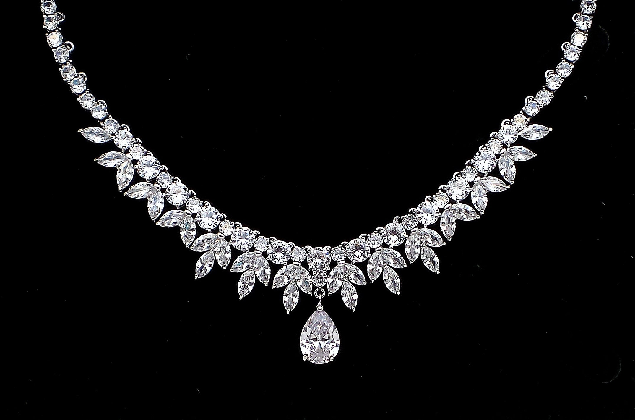 Bridal Necklace Wedding Jewelry Prom Pageant Party Clear White Marquise  Cubic Zirconia Round Collar Silver Rhodiurm Statement Necklace 