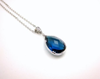 Bridesmaid necklace bridal necklace bridesmaid gift teardrop pear shape blue navy sapphire quartz crystal bezel frame pendant style necklace