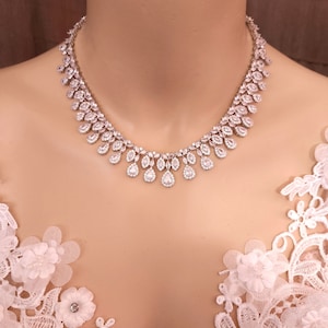 wedding jewelry prom bridal necklace pageant clear white multi shape cubic zirconia statement rhodium AAA clear white cubic round teardrop