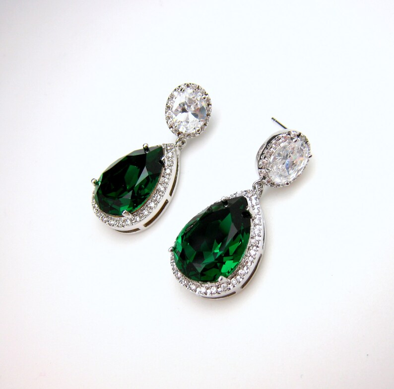 wedding bridal bridesmaid christmas statement earrings Clear teardrop AAA cubic zirconia and fancy emerald green crystal on oval cz post image 3