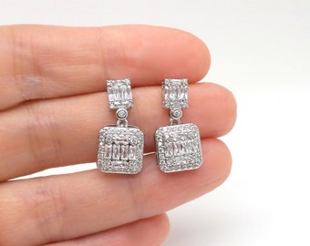 wedding jewelry bridal earrings prom AAA quality cubic zirconia cluster baguette cut rectangle drop cubic zirconia hook rhodium silver set
