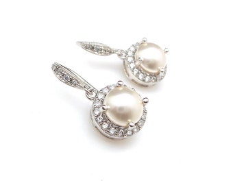 bridal wedding rhodium silver earrings half round white cream ivory fancy pearl center halo round cubic setting drop with silver hook